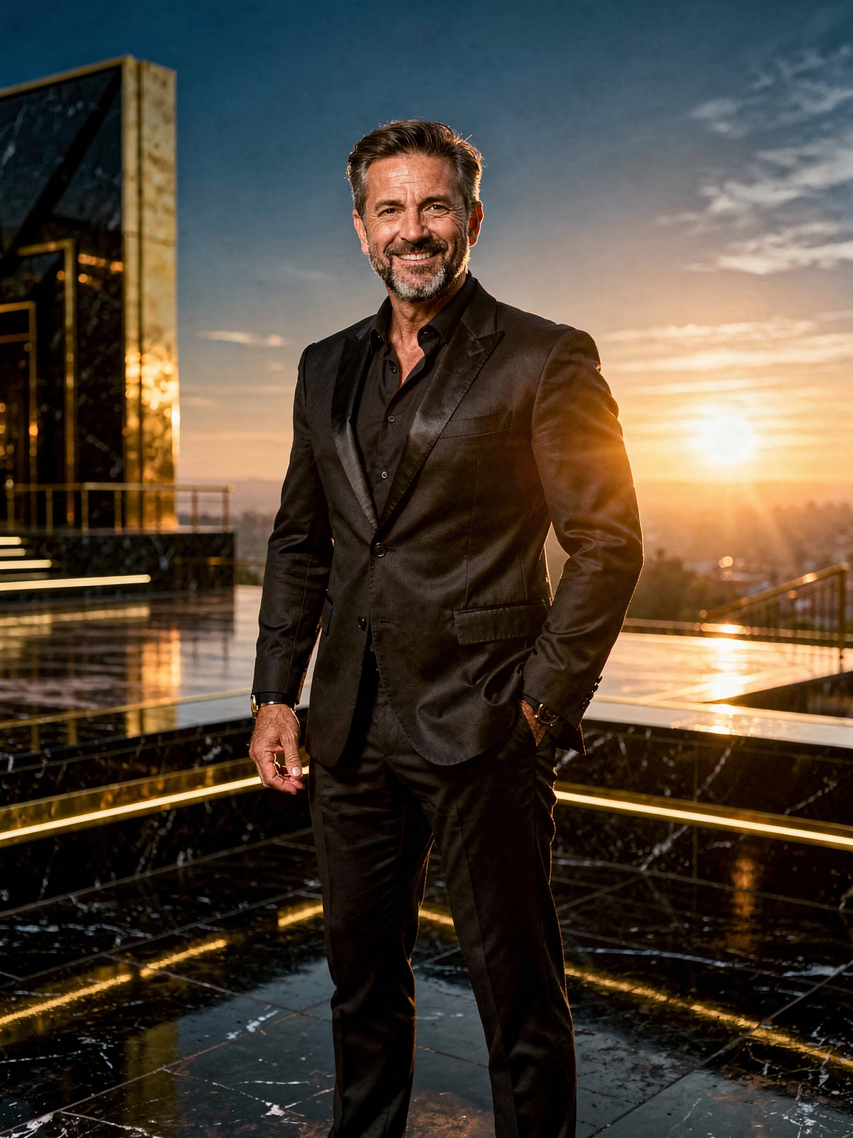 Confident man in a suit at sunset