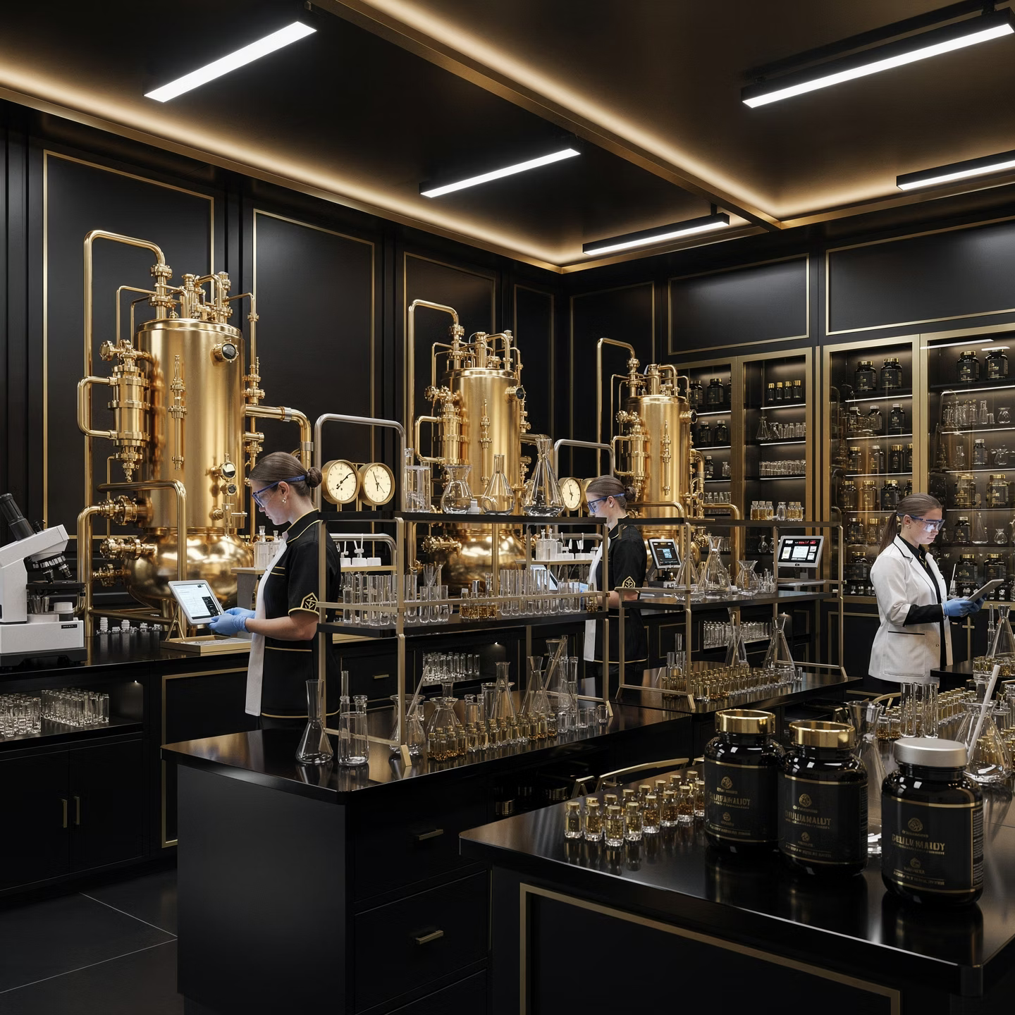 Laboratory interior with golden equipment